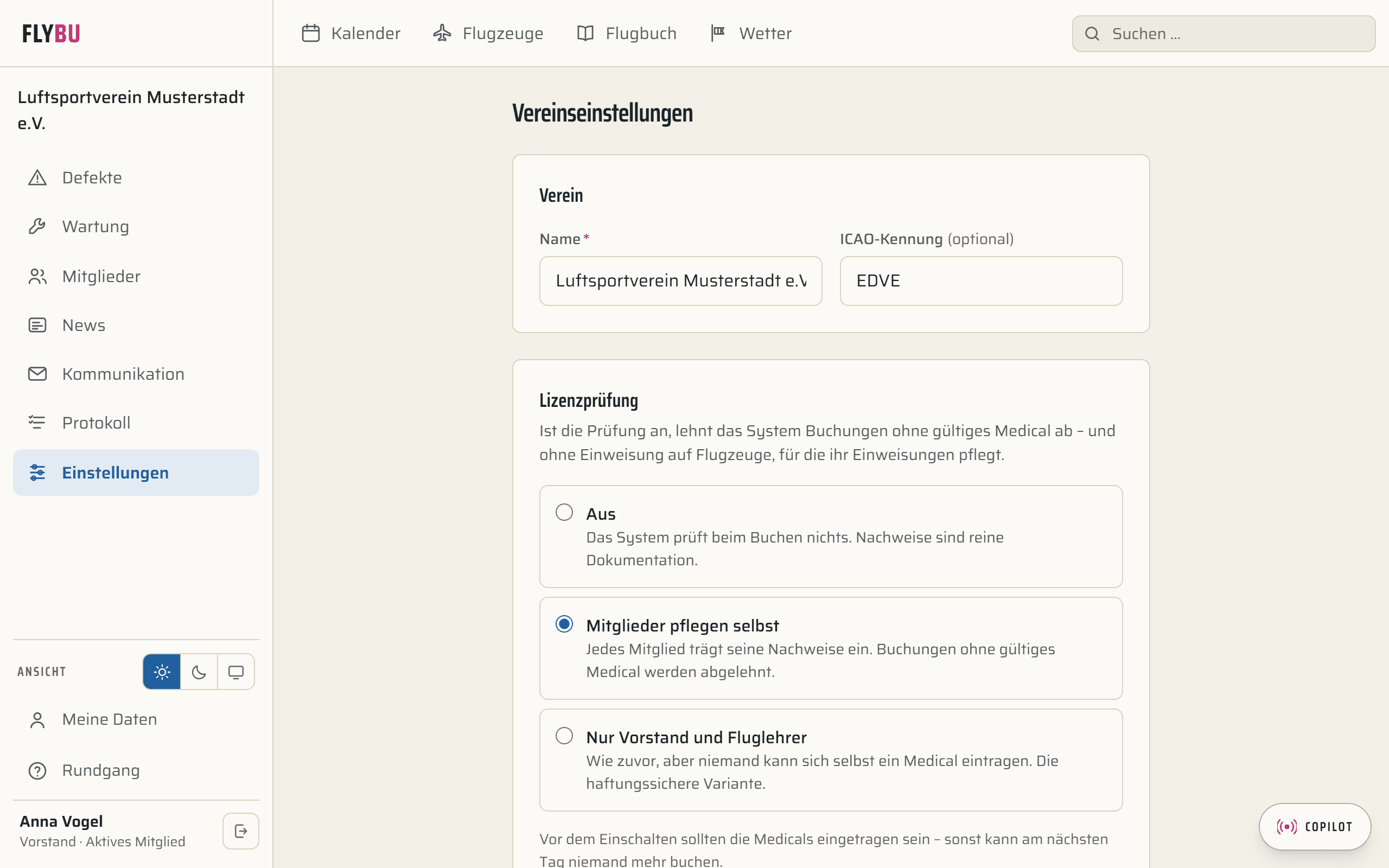 Einstellungen in FlyBu