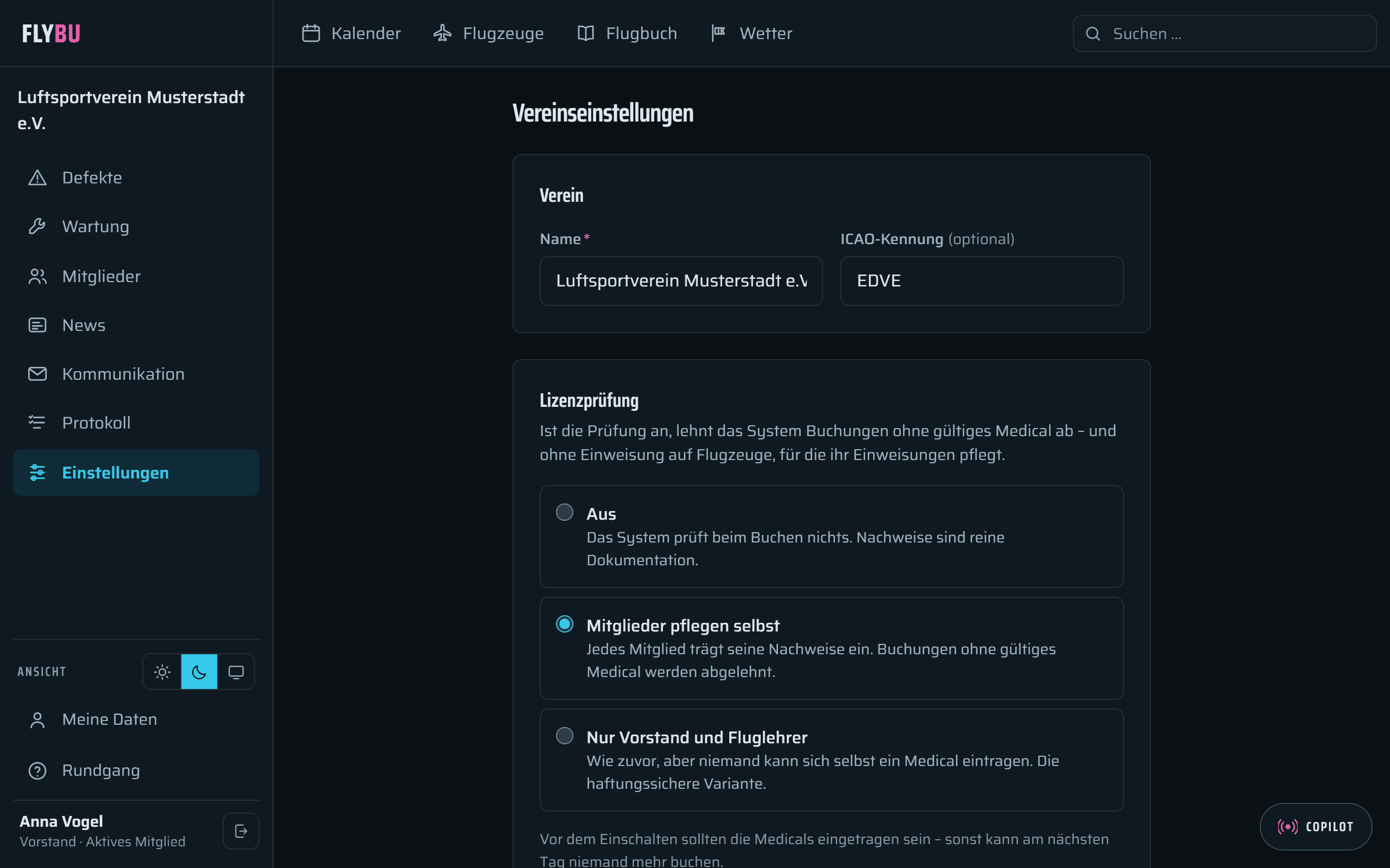 Einstellungen in FlyBu