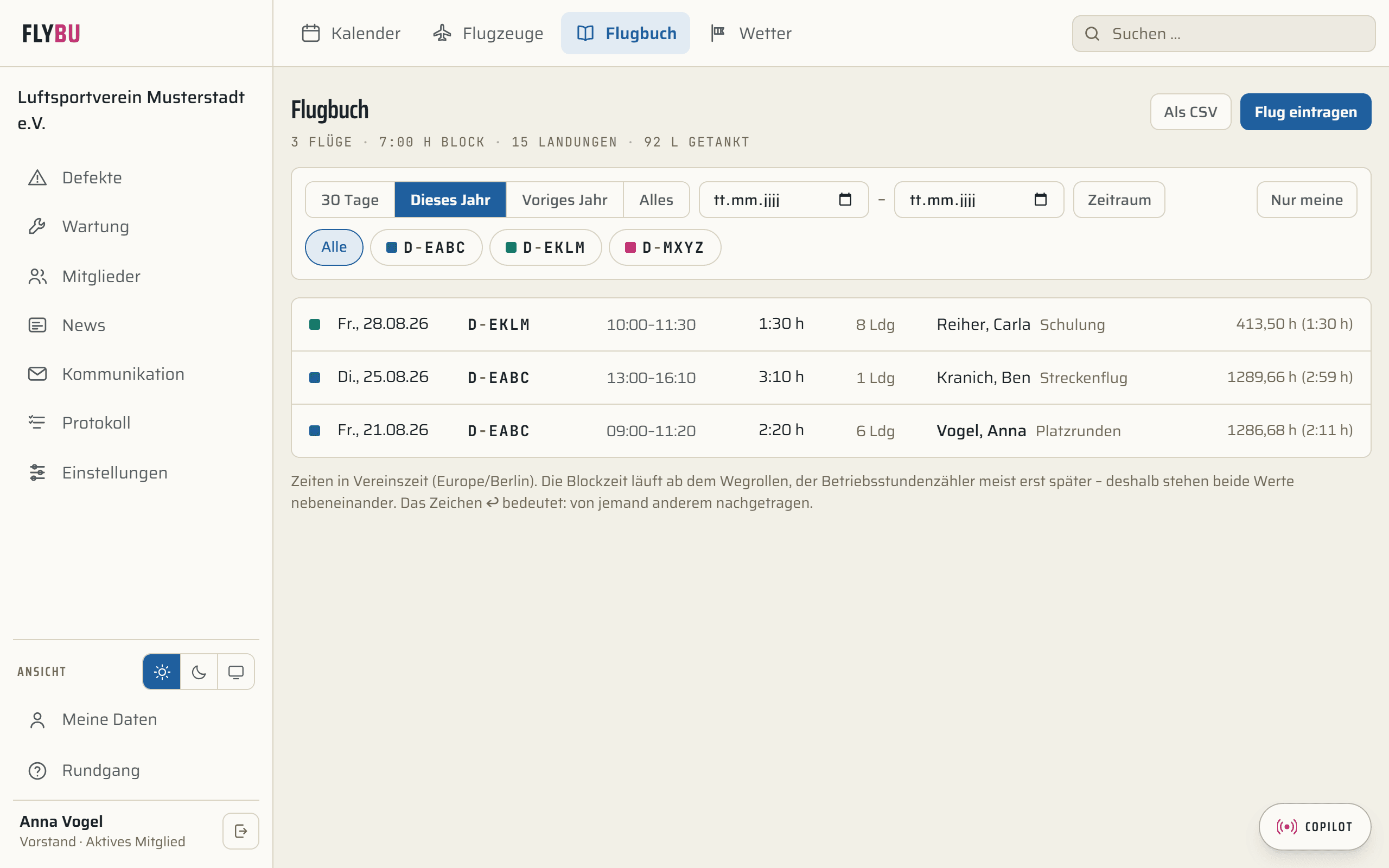 Flugbuch in FlyBu